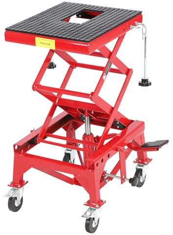 Hydraulic Motorcycle Lift Jack Table, 350 lbs Capacity Heavy Duty Motorcycle Scissor Jack Lift with Wide Deck, J-Hooks, 4 Wheels, Hydraulic Foot Operated Jack Stand for ATV Dirt Bikes