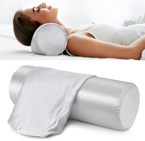 Noverlife 2 Pack Satin Bolster Pillow Covers, 16x6 in Grey Neck Roll Case With Zipper, Soft Silky Round Pillowcases, Machine Washable Silk Cervical Cases for Skin