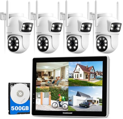 CAMCAMP 4MP PTZ Kit Caméra Surveillance WiFi Extérieure avec 10 Moniteur, 2.4G/5G WiFi 10CH NVR,500GB HDD,4X 2K Double Objectif Caméras,Vision Nocturne Couleur,Humaine Suivi Automatique,2-voies Audio