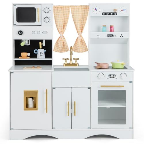 Maxmass Kids Play Kitchen, Wooden Toddlers Toy Kitchen with Coffee Maker, Ice Makers, Weather Slider, Microwave, Sink & 17PCS Accessories, Children Pretend Kitchen Cooking Playset for 3+ Years Old