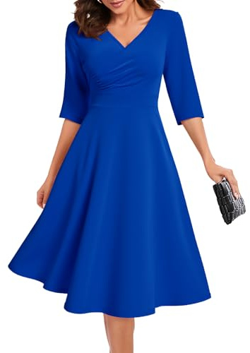 Bbonlinedress Robe Femme Chic et Elegant Midi de Soirée Noël Cocktail pour Mariage Bal Promo Cérémonie Col en V Manches Courtes Royal Blue L