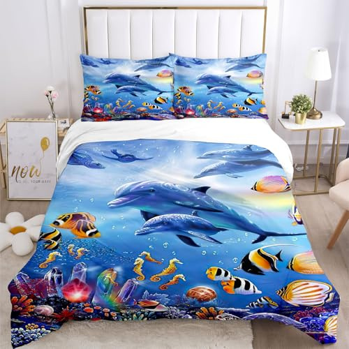 BNREDA Copripiumino tartaruga 135x200,Set di biancheria da letto con animali marini 3D,con motivo a delfino, pesce tropicale, corallo, per adulti e bambini (Mondo Sottomarino B, 200 x 200 cm)