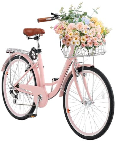 VEVOR Cruiser Fahrrad mit 7 Gängen (Reifendurchmesser 660,4 mm) Beach Fahrrad mit großem Korb & Gepäckträger, Cruiser-Fahrrad mit verstellbarem Sitz, für Radfahren Trainieren & Einkaufen Rosa