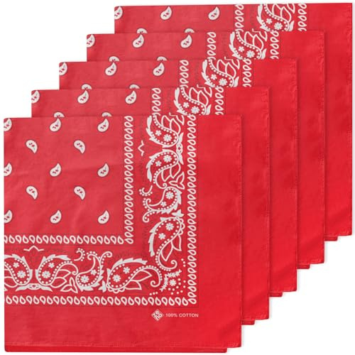 ZENO Bandana Roja – 100% Algodón & Fibra Natural – Pañuelo Cabeza Hombre y Mujer Sin Poliéster – Suave, Resistente & Lavable – Bandana Hombre y Mujer – Unisex & Niños - 5 Pack