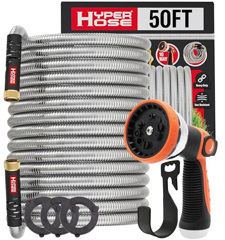 Best 50 ft Metal Garden Hose Set - No-Kink Durable 316 Stainless Steel, 10-Way Zync Spray Nozzle & Hook – Tough Flexible Heavy Duty Water Hoses, Naval Brass, Rust, Weather, LeakProof