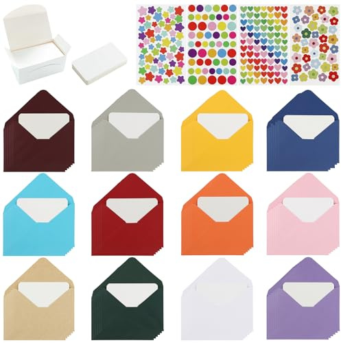 Lvjkes Sobres Pequeños, 72 Piezas Mini Sobres, 100 Piezas Tarjetas en Blanco Blancas y 4 Hojas Pegatinas de Tamaño Múltiple para Materiales de Regalo de Fiesta de Boda y Cumpleaños