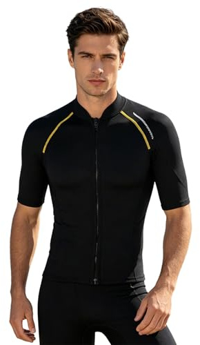 Fldy Combinaison en néoprène pour homme - Manches courtes de 1,5 mm - Garde au chaud - Avec fermeture éclair à l'avant - Pour la natation, la plongée, le surf, la plongée avec tuba - Noir - Taille L