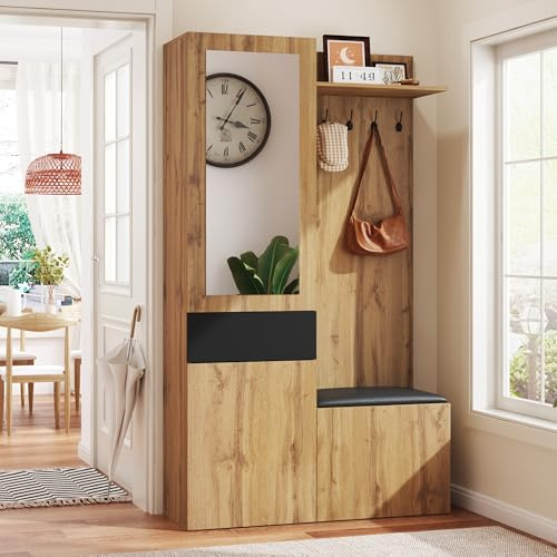 Moimhear Set da guardaroba con 5 ganci, specchio, scarpiera, armadio a muro con ripiani superiori, cassetti, vani portaoggetti superiori, panca guardaroba (98,5x38x191cm)