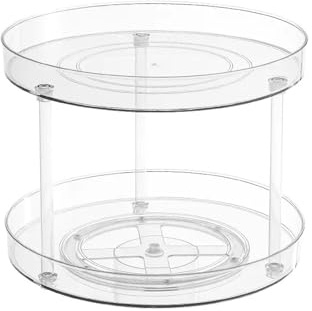 2-Tier Lazy Susan Turntable Organizer – Clear 360° Rotating Spice Rack for Kitchen Cupboard & Fridge Storage, Multi-Functional Non-Slip Acrylic Cabinet Organiser 23.3x22.1cm