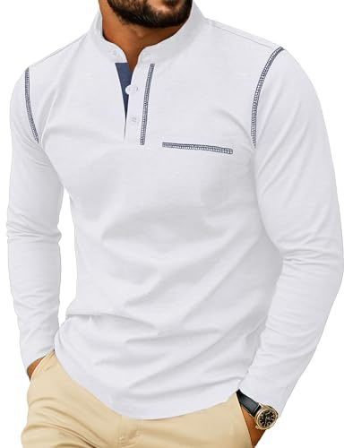 PrinStory långärmad tröja herr Henley t-shirt bomull rund hals pullover casual toppar för män, Vit, M