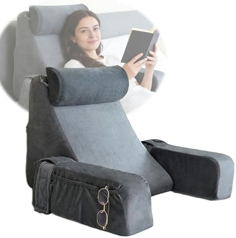 Läskudde för säng och soffa, med avtagbara armstöd och huvudkuddar, ergonomisk ryggkudde, ryggstöd, huvudkudde, grå ryggstödskudde, väggkudde, kilkudde för läsning, arbete, TV