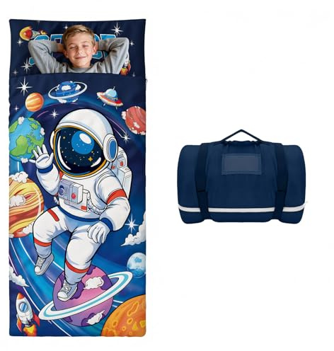 Großes Format Schlafsack Kinder Doppelter Reißverschluss 170×75cm, Faltbare Kinderschlafsack mit Kissen Abnehmbar für Mädchen Jungen, Weich Warm Schlafsack für Outdoor Indoor Camping, Astronaut