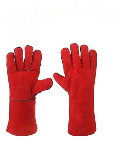 Guantes de soldadura cuero, resistentes al calor/al fuego for soldador/horno/chimenea/manipulación animales/barbacoa/protección for morder y agarrar mascotas(Red)