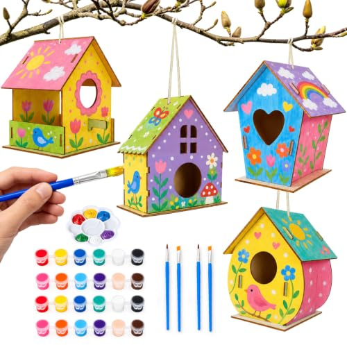 BELEEV 4 Pack Bird House Kit, Wooden Arts and Crafts for Kids