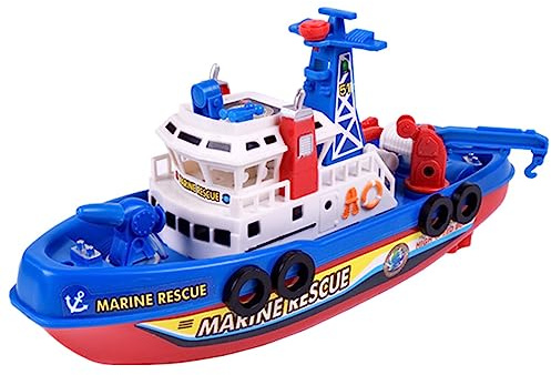 Omquot Barca giocattolo elettrica per bambini, con musica, luce, spruzzo d'acqua, plastica, blu, 23 x 10,9 x 7,9 cm