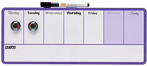Nobo Magnetischer Mini-Whiteboard-Wochenplaner, Trocken Abwischbar, Wandmontage, Integrierte Stifthalterung, 2-Farbiges Design, Inkl. Stift & Magneten, 360 x 140 mm, Lila, 1904048