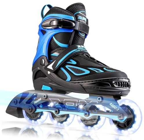 2pm Sports Vinal Boys and Girls Adjustable Flashing Inline Skates, All Wheels Light Up, Fun Illuminating Skates for Kids and Youths - Azure Large(4Y-7Y US