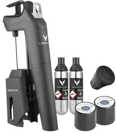 Coravin Timeless Three Plus Wine Preservation System - by-The-Glass Wine Saver - with 2 Pure Argon Gas Capsules & Wine Aerator - Black