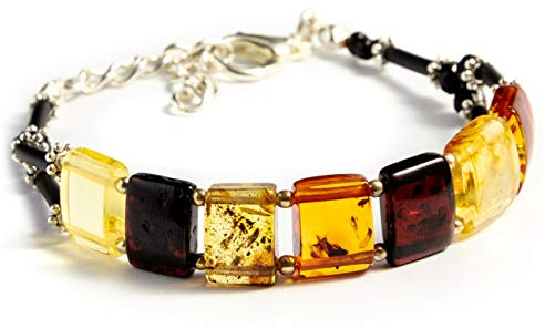 Pulsera de ámbar para adultos hecha a mano, de ámbar cuadrado, fácilmente ajustable, tamaño de muñeca de hasta 19 cm, Universalgröße, Piedra Níquel Plástico, Ámbar