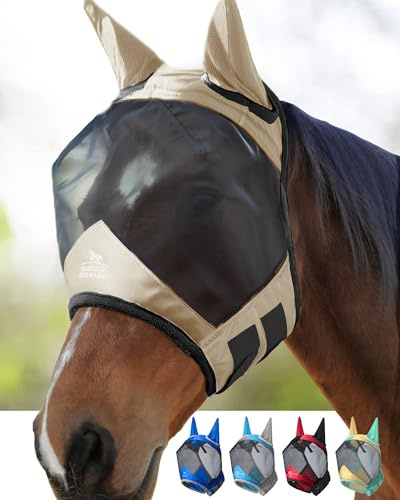 Harrison Howard Pro Luminous Horse Fly Mask Standard with Ears UV Protection for Horse Light Champagne Small Pony