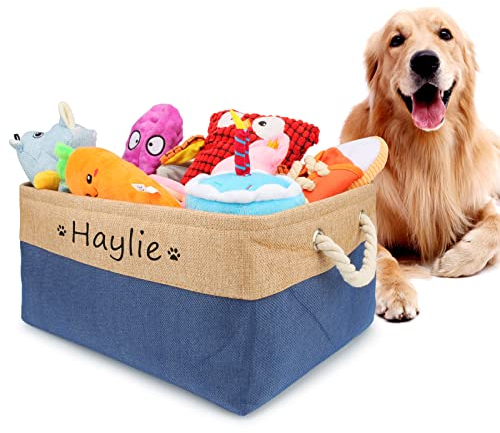Cestino portaoggetti personalizzato con nomi e motivi, pieghevole per cani con manico in cotone, scatola per organizzare vestiti e accessori per cani (blu scuro)