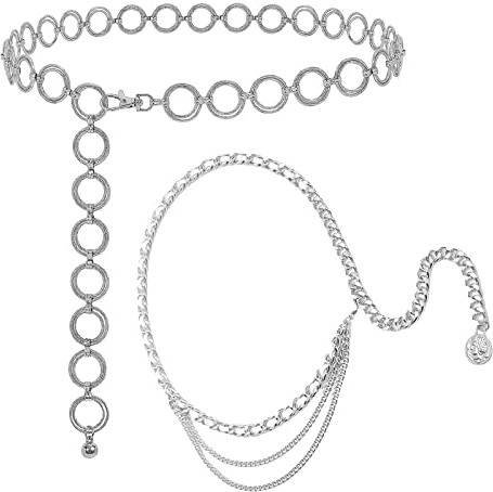 2 Stück Damen Gürtel Mode Metall Kettengürtel Legierung Taille Gürtel Einstellbare Taillenkette Damen Mehrschichtig Bauchkette Gürtel Verstellbare Kettengürtel Körperkette Schmuck
