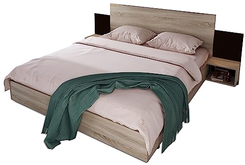 HAINEW Träsäng 160 x 200 cm med 2 nattduksbord och ribbotten, modern dubbelsäng, komplett sängram, sängram, ungdomssäng, gästsäng, Sonoma-ek + mörkgrå