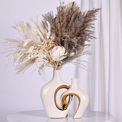 Jarrón de Cerámica Dorada Blanca Juego de 2 - Diseño Nórdico Moderno Boho Minimalista para Decor del Hogar, Salón Comedor, Dormitorio, Oficina - Centro de Mesa Decor de Hierba de Las Pampas y Flores