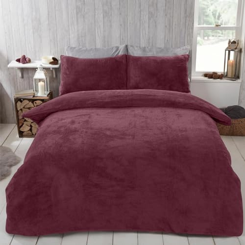 Brentfords Winter Duvet Double Red Teddy Fleece, Double Duvet Covers Set Luxury Super Soft Teddy Bear Fleece Quilt Cover Double Bedding Set with Pillowcases, Burgundy