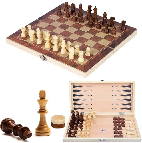 NINGESHOP Jeu d'échecs Echiquier en Bois, 3 en 1 Jeux Echec en Bois Échecs Dames Jacquet, Jeu d'échecs en Bois, Pliable Portable Ensemble D'échiquier, Chess Board pour Enfants Adultes Fête Voyage
