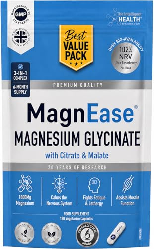 The Intelligent Health MagnEase Magnesium Glycinate 3-in-1 Complex - 1800mg High Bioavailability Magnesium Supplements - with Malate & Citrate for Muscle Function & Fatigue - 180 Capsules