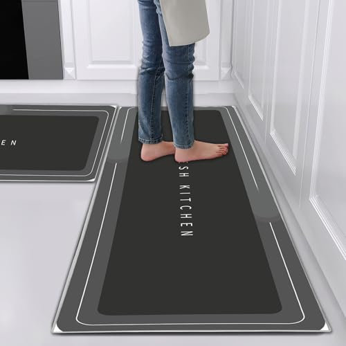 Hoimlm Küchenteppiche 2 Stück Küchen Läufer Modern Waschbar, Geometrisches Muster Küchenmatte rutschfest Für Küche, Esszimmer,43x75cm+43x150cm,Schwarz