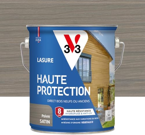 V33 Lasure Bois extérieur Poivre satin - Haute Protection 8 ans - Haute résistance hydrofuge et anti-UV - Résiste aux variations du bois - Ecolabel, résine d'origine végétale - 2,5L