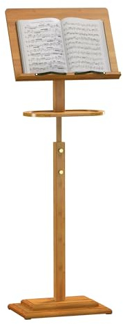 Bamboo Music Stand for Sheet Music -Folding Music Stands Height Adjustable 39.37''-51.2'' with Wide Wooden Bookplate for Conductor Lectern Guitar Violin Piano Ukulele Players (Brown-TP)