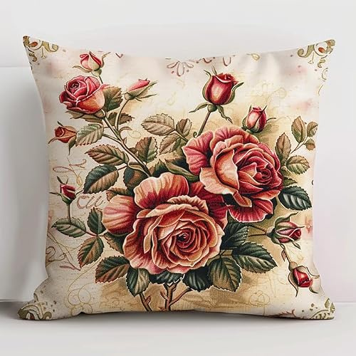 WallustrioaW Cuscino con Ricamo a Punto Croce,fiore di rosa rossa,Punto Croce Kit da Ricamare Principianti,Cuscino Ricamato a Mano con Punto Croce Set,45X45CM