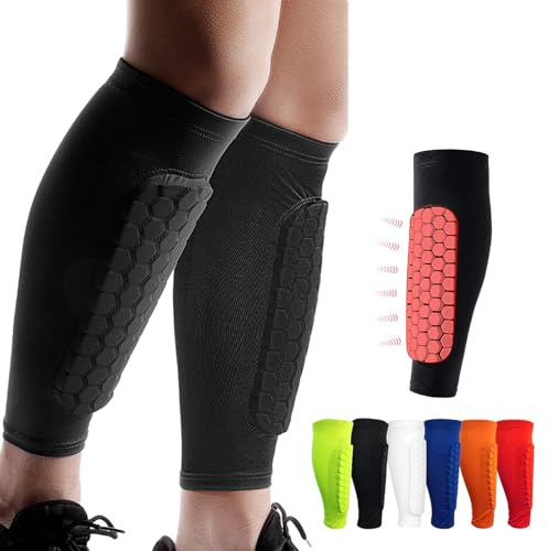 Shindefender Shin Guards Pads, Honeycomb Compression Sleeve Football Shin Guards for Boys, Teenagers and Adults, Soccer Defender Pads with Superior Impact Absorption, Lightweight (Black, L)