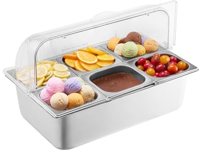 VEVOR Contenitore Espositivo per Servire Cibo da Banco, Vassoio per Servire Cibo in Acciaio Inox 6 Teglie, Espositore per Condimenti a Buffet con Coperchio Trasparente e 3 Contenitori per Congelatore
