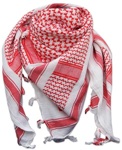 Outdoor World Shemagh Unisex Scarf – Keffiyeh Arab PLO Military Army SAS Desert Head Neck Wrap – Breathable 100% Cotton Tactical Scarf for Men Women – 110cm x 110cm with Tassels (Red & White)