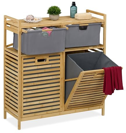 Relaxdays Estantería Baño con 2 Cestos Ropa Sucia, Basculante, 40 L, Balda y 2 Cajones, Bambú, 95x88x33 cm, Natural/Gris