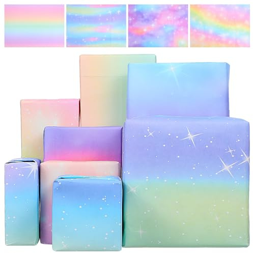 YBEATY Juego de papel de regalo de 6 piezas para niñas, juego de cumpleaños, diseño de hadas, arco iris, degradado de color, color rosa, morado, pastel, rollo de papel de colores para mujeres, niñas