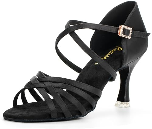 RoseMoli 3 Ballroom Dance Shoes Women Salsa Latin Dance Shoes for Woman Satin Professional Practice Performance for Dancing Heels Black 7.5