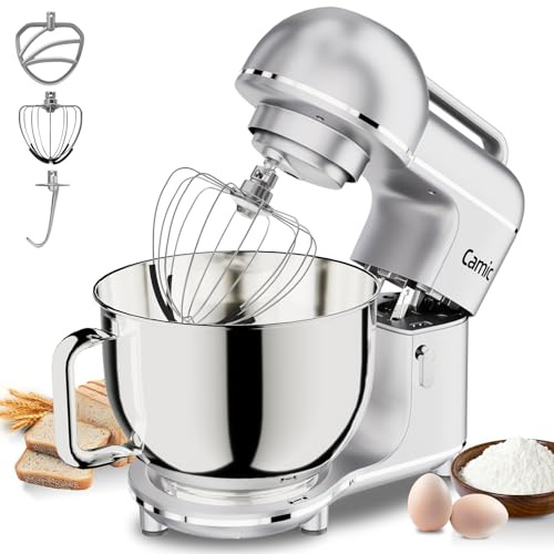 Camic Electric Stand Mixer,7.45 QT,10 Speeds with Dough Hook,Whisk, Flat Beater Attachments, Splash Guard, Easy-Carry Top Handle,3-IN-1 Kitchen Mixer for Baking Cakes Cookie Bread Salad(Silver)