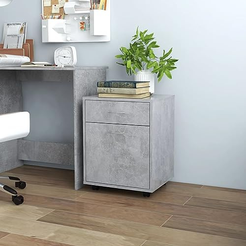 Mokuyary Rolling Cabinet Concrete Grey 45 x 38 x 54 cm Wood Material Rolling Container with Door and Drawer, Mobile Filing Cabinet with Wheels, Office Container Side Table for Living Room, Office