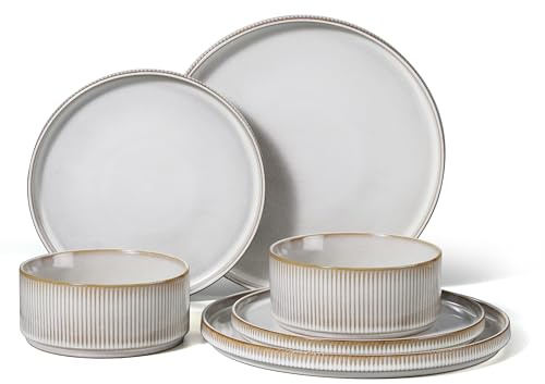 HaWare Dinner Set, 6 PCS Stoneware Plates and Bowls Set, Creamy Beige | Reactive Glaze Dinnerware Sets, Vertical Stripe Edge Design, Chip and Scratch Resistant, Dishwasher & Microwave & Oven Safe