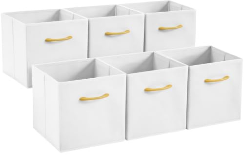 Collapsible Fabric Storage Cubes, Pack of 6 Foldable Boxes with Handles | White 27 x 27 x 27 cm | Non-Woven Fabric | Open-Top Cube Shelf Baskets For Wardrobes, Toys, Clothes & Nursery