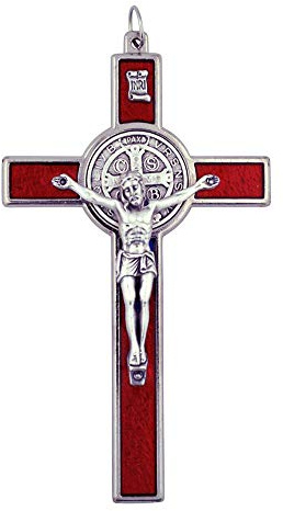 Cruz pectoral grande de San Benito de 4.75 pulgadas con esmalte de colores (rojo tradicional) hecha a mano en Italia