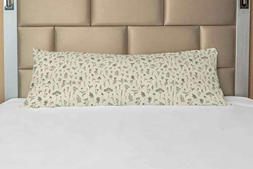 Lunarable Lavender Body Pillow Case Cover with Zipper, Hand Drawn Sketchy Calendula Clover Chamomiles Valerian Natural, Decorative Accent Long Pillowcase, 21 x 54, Eggshell Hunter Green