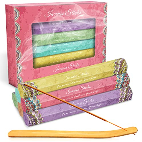Scent-Hi Räucherstäbchen Multipack, 120 Stäbchen, mit Halter, 6 Düfte Räucherstäbchen Kit für Weihnachten, Kirche, Yoga, Hochzeit, Meditation