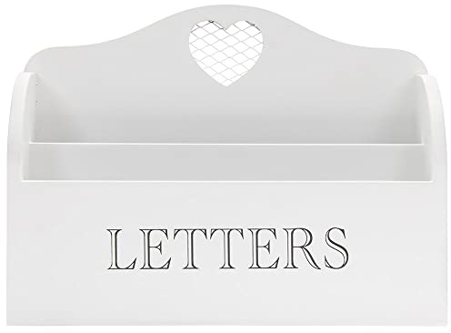 Rustic White Letter Rack With Contrasting Grey Letters Wording and Cutout Heart Detail, Twin Compartment Decorative Mail Organiser (White)