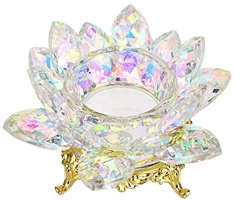 SUMTree Crystal Lotus Flower Tealight Candle Holder With Gold Base for Home Office Wedding Table, AB Colorful